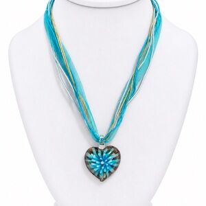 Turquoise Blue Heart Murano Glass Pendant Multi-Strand Necklace